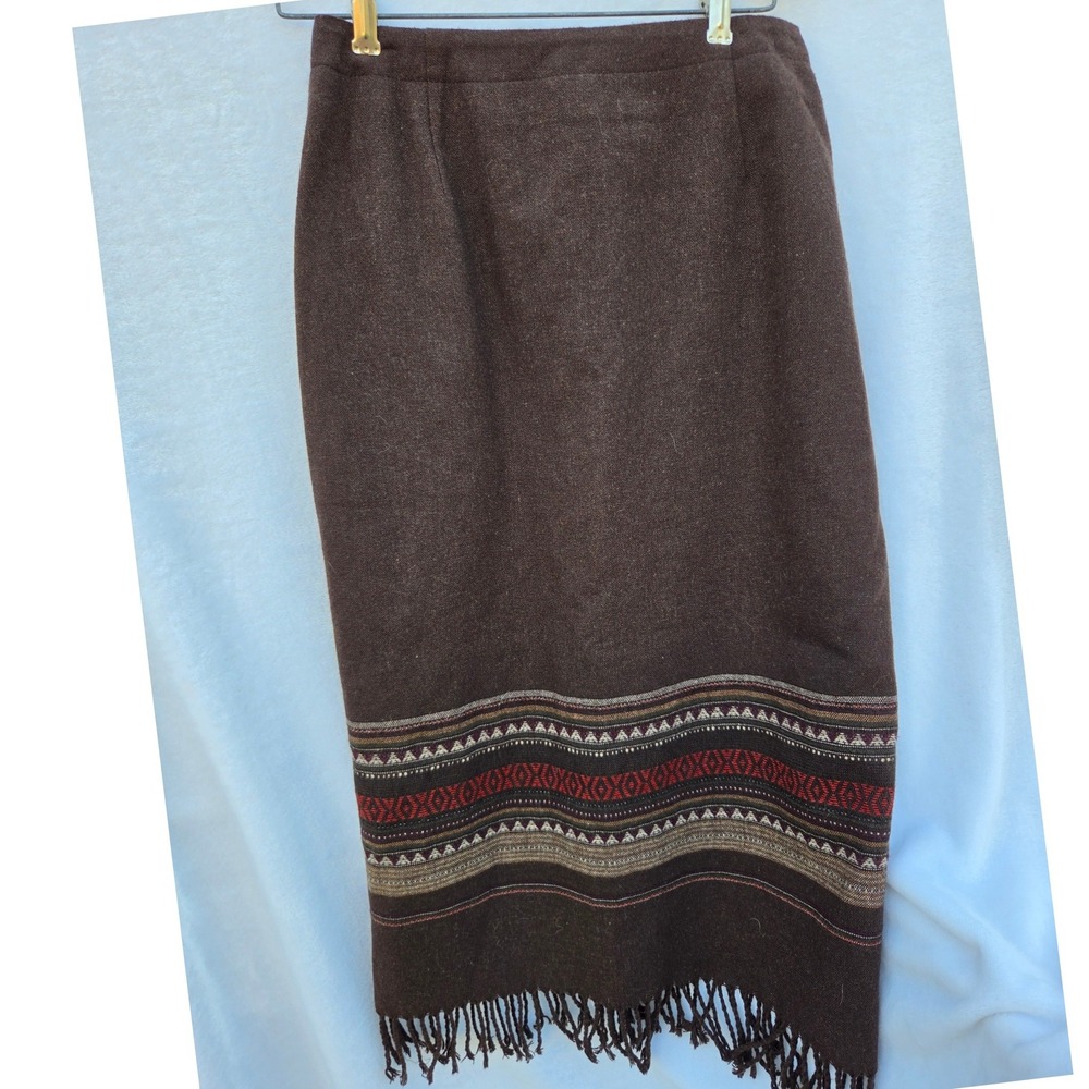 Michele Wool Blend Midi Skirt Womens 10P Brown Fringe Southwestern Vintage Lined